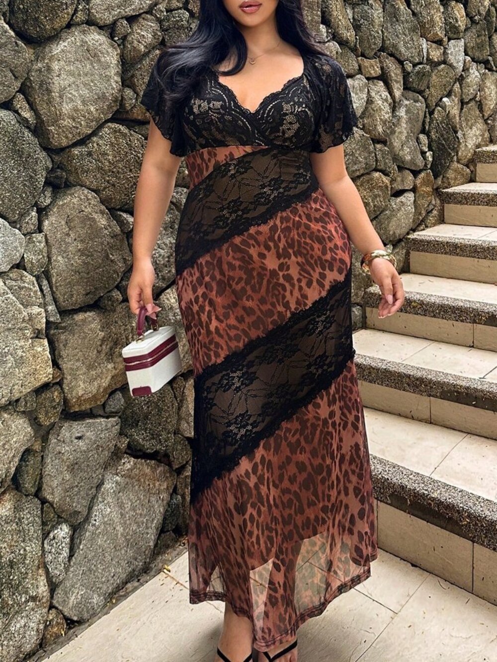Black Sexy Women's Plus Size Elegant Lace Patchwork Dress
